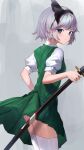  1girl absurdres black_ribbon blue_eyes closed_mouth commentary_request cowboy_shot green_skirt green_vest grey_hair hair_ribbon highres holding holding_sword holding_weapon katana konpaku_youmu leste_(humansequencer) looking_at_viewer revision ribbon sheath sheathed shirt short_hair short_sleeves skirt smile solo sword thighhighs touhou vest weapon white_shirt white_thighhighs 
