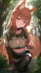  1girl all_fours animal_ear_fluff animal_ears arknights black_collar black_pants blush breasts brown_hair cleavage cleavage_cutout clenched_teeth clothing_cutout collar collarbone crop_top day extra_ears forest fox_ears fox_girl fox_tail franka_(arknights) franka_(rainforest_me_rainbow)_(arknights) grey_shirt grin highres large_breasts long_hair looking_at_viewer nature official_alternate_costume outdoors pants shirt sidelocks smile sweat tail teeth yellow_eyes zayur 