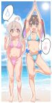  2girls absurdres ahoge armpits arms_up ass_visible_through_thighs bare_legs barefoot beach bikini blue_bikini blue_sky blurry blurry_background blush breasts brown_hair closed_mouth cloud cloudy_sky collarbone colored_inner_hair day double_v feet full_body hair_between_eyes hair_ribbon hands_up highleg highleg_swimsuit highres jewelry legs light_brown_hair looking_at_viewer multicolored_hair multiple_girls musical_note navel necklace onii-chan_wa_oshimai! outdoors oyama_mahiro oyama_mihari partially_visible_vulva pink_hair purple_bikini red_ribbon ribbon shadow sky sl8-all small_breasts speech_bubble spoken_musical_note spread_toes standing standing_on_one_leg sweatdrop swimsuit thighs toenails toes v water 