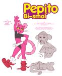  ambiguous_gender anthro clothing english_text footwear hi_res humor ill mammal mouse murid murine nausea pepto_bismol pink_body redic-nomad rodent shoes stated_bisexuality stated_sexuality text 