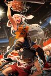 1girl 2boys alternate_costume amputee animal_ears arm_up armpits ball bare_shoulders basketball basketball_(object) basketball_uniform black_hair black_thighhighs blue_shorts boku_no_hero_academia breasts character_request eraser_head_(boku_no_hero_academia) goggles grey_hair highres indoors khyle. long_hair meme mirko multiple_boys orange_shirt overhaul_(boku_no_hero_academia) parody parted_bangs pointy_nose rabbit_ears red_footwear red_shirt shiny_skin shirt shoes shorts sideboob single_thighhigh spoilers sportswear stadium sweat thighhighs tongue tongue_out venom_dunking_on_spider-man_(meme) wheelchair 