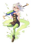  1girl armpit_crease black_dress black_footwear boots dress earrings fang green_pantyhose gun highres holding holding_gun holding_weapon jewelry marie_(splatoon) open_mouth pantyhose revvie rifle simple_background sniper_rifle solo splat_charger_(splatoon) splatoon_(series) splatoon_1 tentacle_hair weapon white_background yellow_eyes 