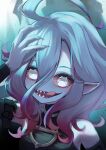  1girl blue_nails briar_(league_of_legends) colored_sclera colored_skin fingernails grey_hair hair_between_eyes hand_on_own_head highres league_of_legends long_hair looking_at_viewer momikodayo multicolored_hair nail_polish no_pupils pointy_ears red_sclera sharp_fingernails sharp_teeth sidelocks simple_background smile solo streaked_hair teeth tongue tongue_out two-tone_hair upper_body vampire white_eyes 