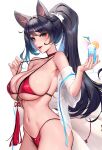  1girl ahri_(league_of_legends) animal_ears bikini black_hair blue_eyes breasts choker cian_yo cup drinking_glass facial_mark food fox_ears fox_girl fox_tail fruit highres large_breasts league_of_legends lemon lemon_slice lipstick makeup multiple_tails ponytail red_bikini red_choker swimsuit tail thick_thighs thighs whisker_markings white_background 