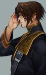  1boy belt_buckle black_shirt blue_eyes brown_hair buckle earrings final_fantasy final_fantasy_viii from_side gold_trim grey_background hand_up high_collar highres jewelry long_sleeves male_focus military_uniform nini_tw99 salute scar scar_on_face scar_on_forehead seed_uniform_(ff8) shirt short_hair simple_background sleeve_cuffs solo squall_leonhart standing stud_earrings uniform 