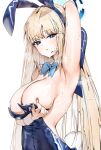  1girl animal_ears arm_up armpits blonde_hair blue_archive blue_eyes blue_leotard blush bow bowtie breasts detached_collar earpiece fake_animal_ears halo highres large_breasts leotard long_hair looking_at_viewer official_alternate_costume playboy_bunny poharo rabbit_ears simple_background solo strapless strapless_leotard sweat toki_(blue_archive) toki_(bunny)_(blue_archive) very_long_hair white_background wrist_cuffs 