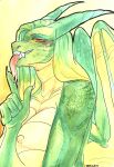  absurd_res anthro breasts dragon female forked_tongue green_body hi_res horn painting_(artwork) scalie solo spoilla tongue tongue_out traditional_media_(artwork) watercolor_(artwork) wings yellow_body 