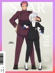  1boy 1girl ahoge blue_eyes bracelet brown_hair cheek_pinching cover earrings elbowing fake_magazine_cover formal grey_eyes grey_hair grin guel_jeturk gundam gundam_suisei_no_majo gyoubu_ippei height_difference high_heels highres jewelry looking_at_viewer magazine_cover miorine_rembran multicolored_hair official_art pinching pink_hair smile two-tone_hair 