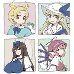  4girls alternate_breast_size animal_ears aqua_shirt bird_ears bird_wings blonde_hair blue_bow blue_dress blush bow breasts brown_dress brown_eyes brown_hair brown_headwear closed_mouth collared_shirt covered_nipples dragon_horns dress fairy fairy_wings fingernails hair_between_eyes hair_bow hat horns huge_breasts itatatata kicchou_yachie large_breasts long_fingernails long_hair long_sleeves multiple_girls mystia_lorelei nail_polish otter_spirit_(touhou) pink_eyes pink_hair purple_nails red_eyes sharp_fingernails shirt short_hair sleeve_garter smile star_sapphire touhou watatsuki_no_toyohime white_headwear white_shirt white_wings winged_hat wings yellow_eyes yellow_horns 