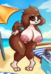  3_toes absurd_res anthro arturfox beach_mat beverage big_breasts big_butt big_nipples blue_sky bodily_fluids breasts brown_body brown_eyes brown_fur brown_tail butt canid canine canis cloud cooler domestic_dog eyebrows feet female fur genitals glistening glossy_body hand_on_butt hi_res huge_breasts huge_butt huge_nipples huge_thighs looking_at_viewer mammal mariesun multicolored_body multicolored_fur nipples nude nude_anthro nude_female pussy sand sea sky smile solo sweat sweaty_breasts sweaty_legs sweaty_thighs tail tan_body tan_eyebrows tan_fur thick_thighs toes two_tone_body two_tone_fur umbrella water 