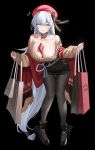  1girl azur_lane bag bare_shoulders belfast_(azur_lane) belfast_(shopping_with_the_head_maid)_(azur_lane) between_breasts black_background black_footwear black_skirt blush breasts carrying_bag casual choker cleavage closed_eyes earrings embarrassed hair_between_eyes hat highres jewelry jeze large_breasts long_hair nervous_smile red_scarf ribbon sash scarf sidelocks skirt smile struggling sweat sweater thighhighs white_hair 