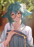  1girl alternate_costume animal_ears breasts chikenryice closed_mouth flower genshin_impact glasses green_hair hair_between_eyes hair_flower hair_ornament highres japanese_clothes long_hair looking_at_viewer semi-rimless_eyewear small_breasts smile solo sucrose_(genshin_impact) yellow_eyes 
