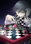  1boy akamatsu_kaede amami_rantaro bored broken chabashira_tenko character_doll checkered_clothes checkered_scarf chess_piece chessboard closed_mouth danganronpa_(series) danganronpa_v3:_killing_harmony frown gokuhara_gonta gradient_background hair_between_eyes half-closed_eyes hand_in_own_hair hand_up harukawa_maki highres iruma_miu jacket k1-b0 long_sleeves momota_kaito multicolored_hair oma_kokichi pink_eyes saihara_shuichi scarf shachoo_(poco_poco) solo torn_clothes torn_scarf two-tone_hair white_jacket yumeno_himiko 