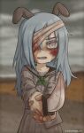  1girl aiming aiming_at_viewer animal_ears artist_name bandage_over_one_eye bandaid bandaid_on_hand blood blood_on_face blood_on_hands blue_hair blurry blurry_background bruise bruise_on_face colored_eyelashes green_neckerchief grey_eyes grimace hair_over_one_eye hello_girl highres holding holding_knife injury knife light_blue_hair long_hair looking_at_viewer lop_rabbit_ears narrowed_eyes neckerchief nervous_sweating outdoors pleated_skirt rabbit_ears sailor_collar sailor_shirt shirt skirt standing sweat syrupmelty trembling twilight upper_body yunozha_moonbeam_(hello_girl) 