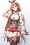 1girl atelier_(series) atelier_ryza atelier_ryza_3 breast_pocket breasts brown_hair brown_thighhighs brown_vest choker cleavage earrings hair_between_eyes hair_ornament highres jewelry large_breasts micro_shorts necklace pocket red_shorts reisalin_stout risa_(pixiv23908854) short_hair shorts sleeveless solo star_(symbol) star_choker thick_thighs thighhighs thighs vest white_headwear x_hair_ornament yellow_eyes 