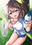  1girl absurdres against_tree bare_legs blue_buruma blue_eyes bottle bra bra_peek bra_visible_through_clothes breasts brown_hair buruma cleavage clothes_pull collarbone commentary_request crossed_bangs grass gym_uniform hair_between_eyes highres holding holding_bottle hot leaf long_hair looking_at_viewer medium_breasts open_mouth original pink_bra ponytail school_uniform shirt_pull sitting smile sweat thighs translation_request tree tsukimiya_sara underwear water_bottle 