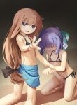  2girls after_fingering blush breasts brown_hair commentary_request highres light_blush long_hair multiple_girls navel original parted_lips purple_eyes purple_hair pussy_juice pussy_juice_on_fingers pussy_juice_trail serialhypno small_breasts swimsuit w yuri 