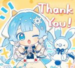  &gt;_&lt; animal baby_bottle bell blue_bow blue_bowtie blue_hair blue_hood blush_stickers bottle bow bowtie capelet cheese chibi commentary cowbell curvy_hair dual_wielding fake_horns food fork fur-trimmed_capelet fur_trim hatsune_miku holding hood hood_up horns ice_cream_cone inomo_(qimoshu) long_hair looking_at_viewer neck_bell no_gloves notice_lines one_eye_closed open_mouth pacifier rabbit rabbit_yukine snowflake_print snowflakes spoon sprinkles swiss_cheese thank_you twintails very_long_hair vocaloid waffle_cone white_hair white_headdress yellow_background yellow_capelet yuki_miku 