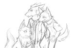  3:2 anthro canid cheek_tuft clothed clothing ears_back facial_tuft group hand_in_pocket jacket kuttoyaki looking_at_viewer looking_up male mammal monochrome open_mouth open_smile pivoted_ears pockets simple_background sketch_page smile species_request standing topwear trio tuft 