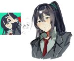  1boy aqua_eyes black_coat black_eyes black_hair black_vest coat collared_shirt half_updo heterochromia highres hong_lu_(limbus_company) limbus_company long_hair looking_at_viewer msx_(mis4xi) necktie portrait project_moon red_necktie reference_inset shd_eod shirt simple_background solo very_long_hair vest white_background white_shirt wing_collar 