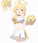  1girl ahoge arm_up bare_shoulders blonde_hair blue_archive blush breasts cheering cheerleader cleavage commentary cowboy_shot crop_top gloves halo highres holding holding_pom_poms kotori_(blue_archive) kotori_(cheer_squad)_(blue_archive) large_breasts looking_at_viewer midriff millennium_cheerleader_outfit_(blue_archive) navel official_alternate_costume open_mouth pom_pom_(cheerleading) red_eyes rikuhito_juusan simple_background skirt solo standing stomach thigh_strap twintails white_background white_skirt 