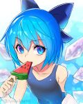  1girl blue_bow blue_eyes blue_hair blue_one-piece_swimsuit blush bow cirno collarbone detached_wings fairy food hair_between_eyes hair_bow holding holding_food ice ice_wings looking_at_viewer one-piece_swimsuit popsicle school_swimsuit shiroi_karasu short_hair solo swimsuit touhou twitter_username upper_body wings 