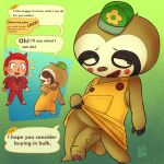  1:1 animal_crossing anthro balls biped bodily_fluids clothed clothing dialogue duo english_text erection female genital_fluids genitals hair hat headgear headwear hi_res human leif_(animal_crossing) male mammal nintendo noinipi open_mouth penis pilosan precum red_hair sloth speech_bubble text xenarthran 