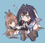  2girls ahoge black_gloves blue_background blue_eyes blue_hair brmameng brown_capelet brown_cloak brown_eyes brown_hair capelet chain_headband cleavage_cutout cloak clothing_cutout cookie crossed_bangs detached_sleeves eating feather_hair_ornament feathers food gloves hair_intakes hair_ornament hairclip heart heart-shaped_gem highres hololive hololive_english long_hair looking_at_another multicolored_hair multiple_girls nanashi_mumei nanashi_mumei_(1st_costume) notice_lines ouro_kronii ouro_kronii_(1st_costume) pinstripe_pattern plate ribbon sailor_collar shirt short_hair sleeveless sleeveless_shirt smile streaked_hair striped tank_top turtleneck veil very_long_hair virtual_youtuber white_shirt zipper 