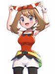  1girl armpits arms_up bare_shoulders bike_shorts bike_shorts_under_shorts black_shorts blue_eyes blush bow breasts brown_hair collarbone cowboy_shot fanny_pack from_behind gonzarez grey_eyes hair_behind_ear hair_between_eyes hair_bow highres looking_at_viewer may_(pokemon) medium_breasts open_mouth pokemon pokemon_oras red_shirt shirt shirt_under_shirt short_shorts shorts sidelocks simple_background skindentation smile solo tank_top white_background white_shorts wristband 