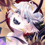  black_sclera black_tongue colored_sclera colored_skin fangs fate/grand_order fate_(series) flower large_hat laughing looking_at_viewer open_mouth portrait shimogamo_(shimomo_12) smile sunflower van_gogh_(fate) van_gogh_(third_ascension)_(fate) white_hair white_skin 