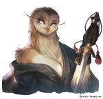  2023 anthro asian asian_clothing asian_sword avian baggy_clothing barn_owl beak big_breasts bird blue_clothing blue_eyes breasts brown_body bust_portrait cheek_tuft chinese_clothing chinese_dress chinese_sword clothing colored copyright_symbol digital_drawing_(artwork) digital_media_(artwork) dress dungeons_and_dragons east_asian_clothing eastern_barn_owl eyelashes eyeliner facial_markings facial_tuft fantasy feather_markings feathers female fluffy front_view gloves grey_eyes handwear hanfu hasbro head_markings hi_res highlights_(coloring) holding_object holding_weapon iris-icecry jian kung_fu light lighting long_eyelashes long_neck looking_at_viewer makeup markings masked_owl melee_weapon monk neck_tuft owl owlin pattern_clothing pinup plumage portrait pose red_makeup robe robe_only seductive shaded signature simple_background smile solo speckled_body spots spotted_body spotted_feathers spread_wings sword symbol tan_body tan_feathers tuft tytonid warm_colors warm_lighting weapon white_background wings wizards_of_the_coast yin_yang 
