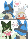  &lt;3 annoyed anthro blue_body blue_fur english_text flirting fur generation_4_pokemon generation_8_pokemon generation_9_pokemon green_body green_fur group hi_res hitsuzi_taro11 lucario male mask meowscarada nintendo pokemon pokemon_(species) raboot text trio white_body white_fur 