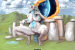  anthro body breasts dragon female genitals ghost738589 grass hair hi_res horn mountain nipples plant portal pussy rock smile solo tail water 