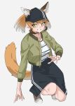  1girl animal_ear_fluff animal_ears baseball_cap blue_headwear blue_skirt blush brown_footwear brown_hair cat_ears cat_girl cat_tail commentary ears_through_headwear extra_ears green_eyes green_jacket grey_background grin hat highres jacket kemono_friends kemono_friends_3 long_sleeves multicolored_hair official_alternate_costume open_clothes open_jacket orange_hair puffy_sleeves puma_(kemono_friends) shirt shoes short_hair simple_background skirt smile sneakers solo squatting striped striped_shirt tail tanabe_(fueisei) white_shirt 
