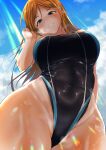  1girl absurdres adjusting_hair alternate_costume bangs black_eyes black_one-piece_swimsuit bleach blue_one-piece_swimsuit blue_sky breasts cloud commentary_request competition_swimsuit covered_navel cronose_sama curvy day hair_ornament hairpin hand_up head_tilt highleg highleg_swimsuit highres inoue_orihime large_breasts looking_at_viewer one-piece_swimsuit parted_bangs parted_lips plump sky smile solo sunlight swimsuit thighs two-tone_swimsuit wet 