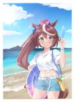  1girl absurdres alternate_costume animal_ears beach belt blue_eyes blue_shorts blue_sky blush border bracelet breasts brown_hair cloud cloudy_sky commentary_request cowboy_shot food gakeumi grin hair_between_eyes highres holding holding_food holding_popsicle horse_ears horse_girl horse_tail innertube jewelry looking_at_viewer multicolored_hair ocean outdoors ponytail popsicle sand shirt short_sleeves shorts sky small_breasts smile solo streaked_hair tail tied_shirt tokai_teio_(umamusume) umamusume water water_gun white_belt white_border white_hair white_shirt 