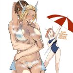  1boy 2girls adventurer_(ff14) arm_up armpits beach_umbrella bikini blonde_hair breasts brown_hair cameltoe english_text final_fantasy final_fantasy_xiv finger_to_mouth hair_ornament hug hug_from_behind hyur jamjamstyle kan-e-senna large_breasts multiple_girls one-piece_swimsuit raya-o-senna simple_background smile steaming_body sweat swimsuit umbrella warrior_of_light_(ff14) white_background white_bikini 