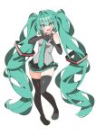  1girl absurdly_long_hair absurdres bare_shoulders black_footwear black_gloves black_skirt blush boots bright_pupils collared_shirt elbow_gloves full_body gloves green_eyes green_hair green_necktie grey_shirt hair_ornament hands_up hatsune_miku heart heart_hands highres long_hair looking_at_viewer miniskirt necktie open_mouth pleated_skirt shirt simple_background skirt sleeveless sleeveless_shirt smile solo standing tachi-e thigh_boots thighs twintails uruti_2388 very_long_hair vocaloid white_background white_pupils 