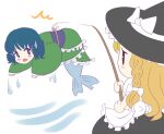  2girls apron black_eyes black_skirt blue_hair blush_stickers bow braid fishing_rod frilled_kimono frills green_kimono hair_bow hat hat_bow holding holding_fishing_rod hook japanese_clothes kimono kirisame_marisa long_sleeves manosuke mermaid monster_girl multiple_girls no_nose one-hour_drawing_challenge open_mouth shirt short_sleeves single_braid skirt touhou wakasagihime wet white_apron white_bow white_shirt witch_hat 