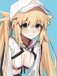  1girl ameman artoria_caster_(fate) artoria_caster_(swimsuit)_(fate) artoria_pendragon_(fate) baseball_cap bikini blonde_hair blue_background blush breasts cleavage closed_mouth commentary_request cropped_jacket fate/grand_order fate_(series) green_eyes hair_between_eyes hat highres jacket long_hair long_sleeves looking_at_viewer medium_breasts navel simple_background smile solo stomach sweatdrop swimsuit twintails very_long_hair white_bikini white_headwear white_jacket 