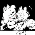  amy_(creator_ant) anthro black_and_white blush clothed clothing creator_ant domestic_cat dress duo felid feline felis female flirting hair hi_res male mammal monochrome necktie pulling_clothing simple_background smile suit teeth tongue tongue_out 