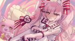  1other :3 :d animal_ear_fluff animal_ears annoyed bell blunt_bangs blush bow breast_pocket brown_ribbon cat_ears cat_other collar commission cross-laced_armwear estella_(millie_(mahoustars)) frilled_collar frilled_sleeves frills hair_bow hair_ornament hand_on_own_arm highres knees_up long_hair magical_star_(millie_(mahoustars)) neck_ribbon original other_focus outline pantyhose pillow pink_arm_warmers pink_cat pink_hair pink_tail pocket red_bow red_ribbon ribbon saeki_saiki second-party_source shirt short_sleeves sidelocks sitting skeb_commission smile solo star_(symbol) star_in_eye striped striped_bow striped_ribbon sweat symbol_in_eye tail tail_ornament tail_ribbon two_side_up very_long_hair white_outline white_pantyhose white_shirt x_hair_ornament yellow_eyes 