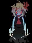  absurdres black_background black_skirt black_vest blonde_hair collared_shirt darkness drooling fork glowing glowing_eyes hair_between_eyes hair_ribbon highres holding holding_fork holding_knife knife long_sleeves medium_hair mouth_drool neckerchief red_eyes red_neckerchief red_ribbon ribbon rumia saliva shaded_face shirt simple_background skirt sleeves_past_wrists slit_pupils smile so_happy_64 spiked_hair teeth touhou vest white_shirt 