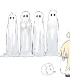  5girls absurdres blonde_hair bocchi_the_rock! breasts character_request closed_mouth commentary facing_viewer full_body ghost_costume gotoh_hitori highres ijichi_nijika ijichi_seika kita_ikuyo large_breasts looking_at_another multiple_girls sadamatsu_ryuuichi simple_background standing thought_bubble white_background yamada_ryo 
