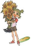  1girl :d bouquet brown_shorts commentary english_commentary flower full_body green_eyes green_hair highres holding holding_bouquet koiwai_yotsuba looking_at_viewer malan open_mouth quad_tails raglan_sleeves red_footwear shoes short_hair short_sleeves shorts smile sneakers solo standing sunflower white_background yellow_flower yotsubato! 