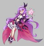  1girl :d bare_shoulders copyright_request dress fang fingerless_gloves gloves grey_background hair_between_eyes hand_up head_tilt highres honkai_(series) honkai_impact_3rd jambujok long_hair navel orange_eyes purple_dress purple_gloves purple_hair purple_socks simple_background sirin smile socks solo star_(symbol) toeless_legwear very_long_hair 