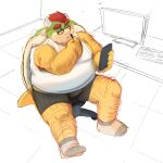  2023 absurd_res anthro belly big_belly bottomwear bowser clothing computer eyewear glasses hi_res koopa lentejota6 male mario_bros nintendo overweight overweight_male scalie shorts sitting solo 