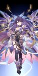  1girl armor breasts date_a_live dress high_ponytail highres holding holding_sword holding_weapon large_breasts long_hair mugen_factory purple_eyes purple_footwear purple_hair shoulder_armor solo sword very_long_hair weapon yatogami_tooka 