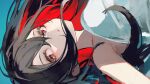  1girl bare_shoulders black_hair blue_background commentary_request grey_eyes hair_between_eyes highres looking_at_viewer mayogii multicolored_hair original parted_lips red_hair simple_background solo two-tone_hair upper_body 