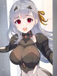  1girl :d armor bandaged_head bandages bodysuit breasts collarbone covered_navel goddess_of_victory:_nikke grey_hair hair_behind_ear hair_ribbon highres large_breasts long_hair looking_at_viewer mecha_musume modernia_(nikke) open_mouth red_eyes ribbon shiny_clothes shoulder_armor single_sidelock skin_tight smile solo teeth upper_teeth_only yako_noir_(kei-ne) yellow_ribbon 